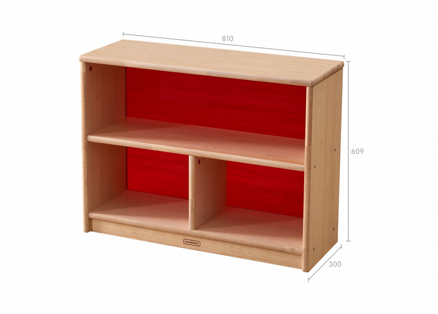 Bern - 609H x 810L Natural Rubber Wood  3-Compartment Shelving Unit - Translucent Red Back