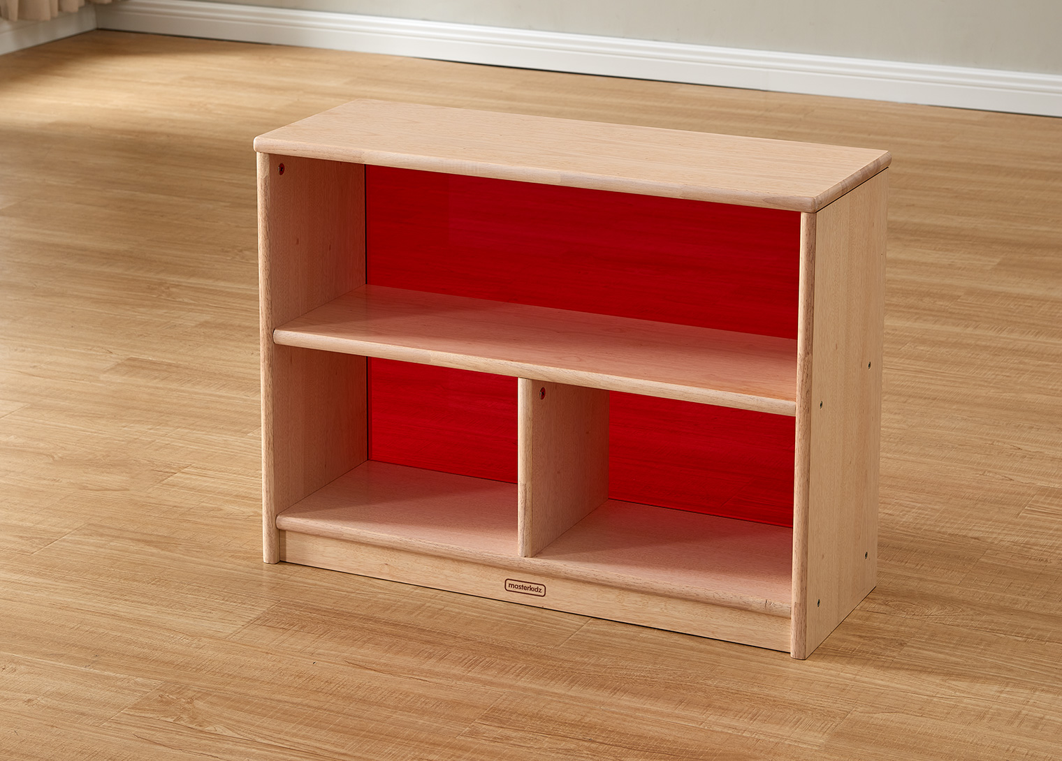 Bern - 609H x 810L Natural Rubber Wood  3-Compartment Shelving Unit - Translucent Red Back