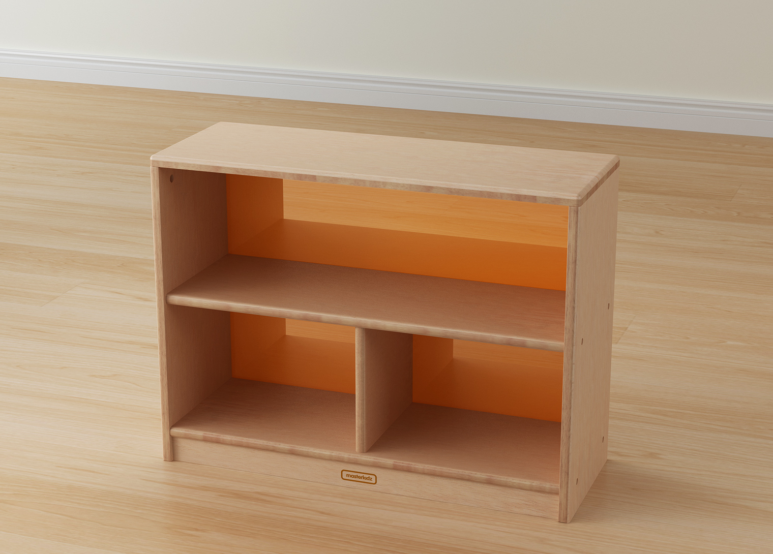 Bern - 609H x 810L Natural Rubber Wood  3-Compartment Shelving Unit - Translucent Orange Back