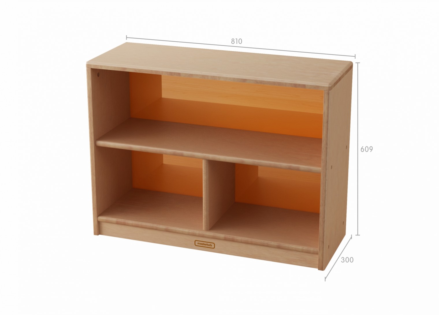 Bern - 609H x 810L Natural Rubber Wood  3-Compartment Shelving Unit - Translucent Orange Back