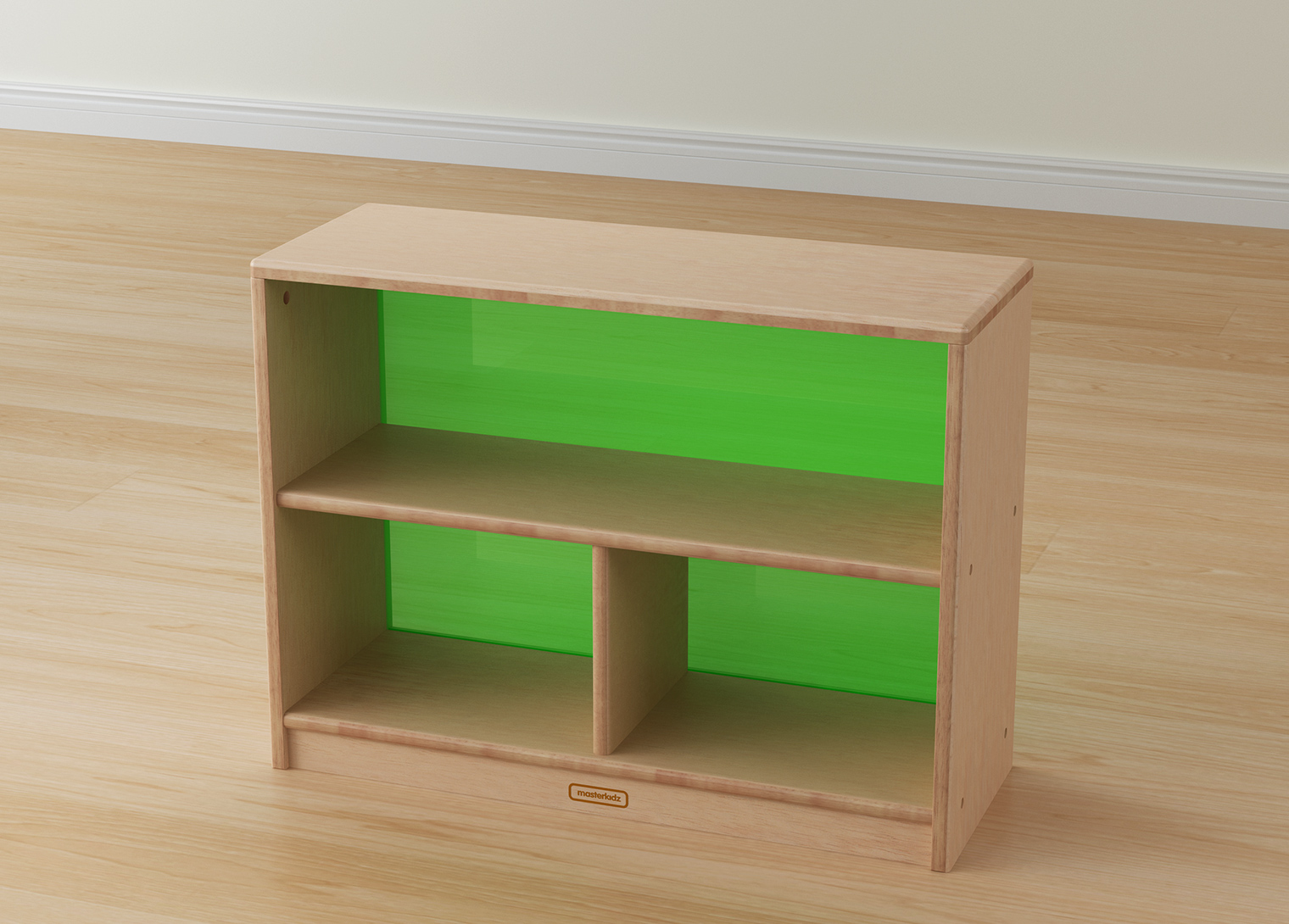 Bern - 609H x 810L Natural Rubber Wood  3-Compartment Shelving Unit - Translucent Green Back