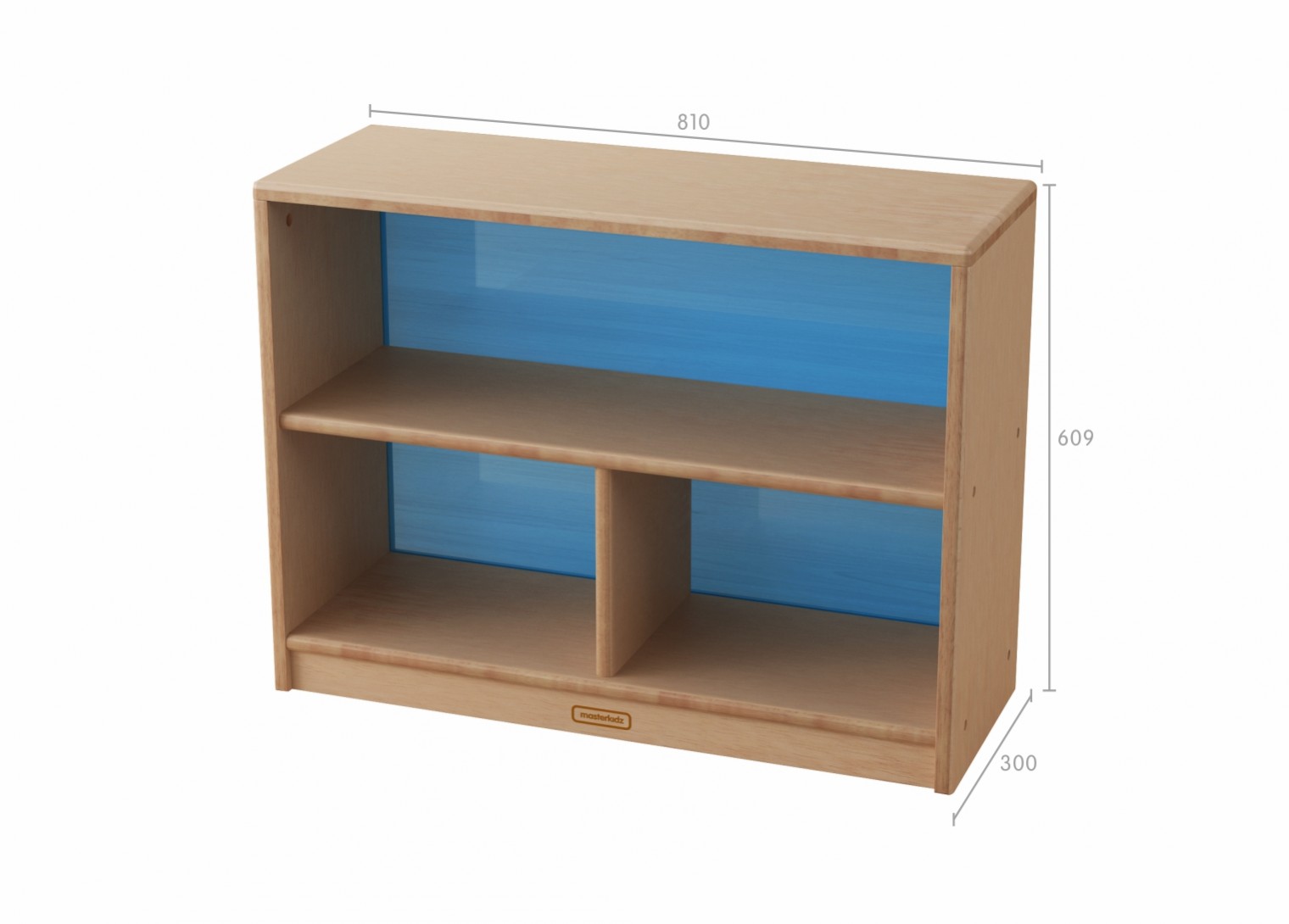 Bern - 609H x 810L Natural Rubber Wood  3-Compartment Shelving Unit - Translucent Blue Back