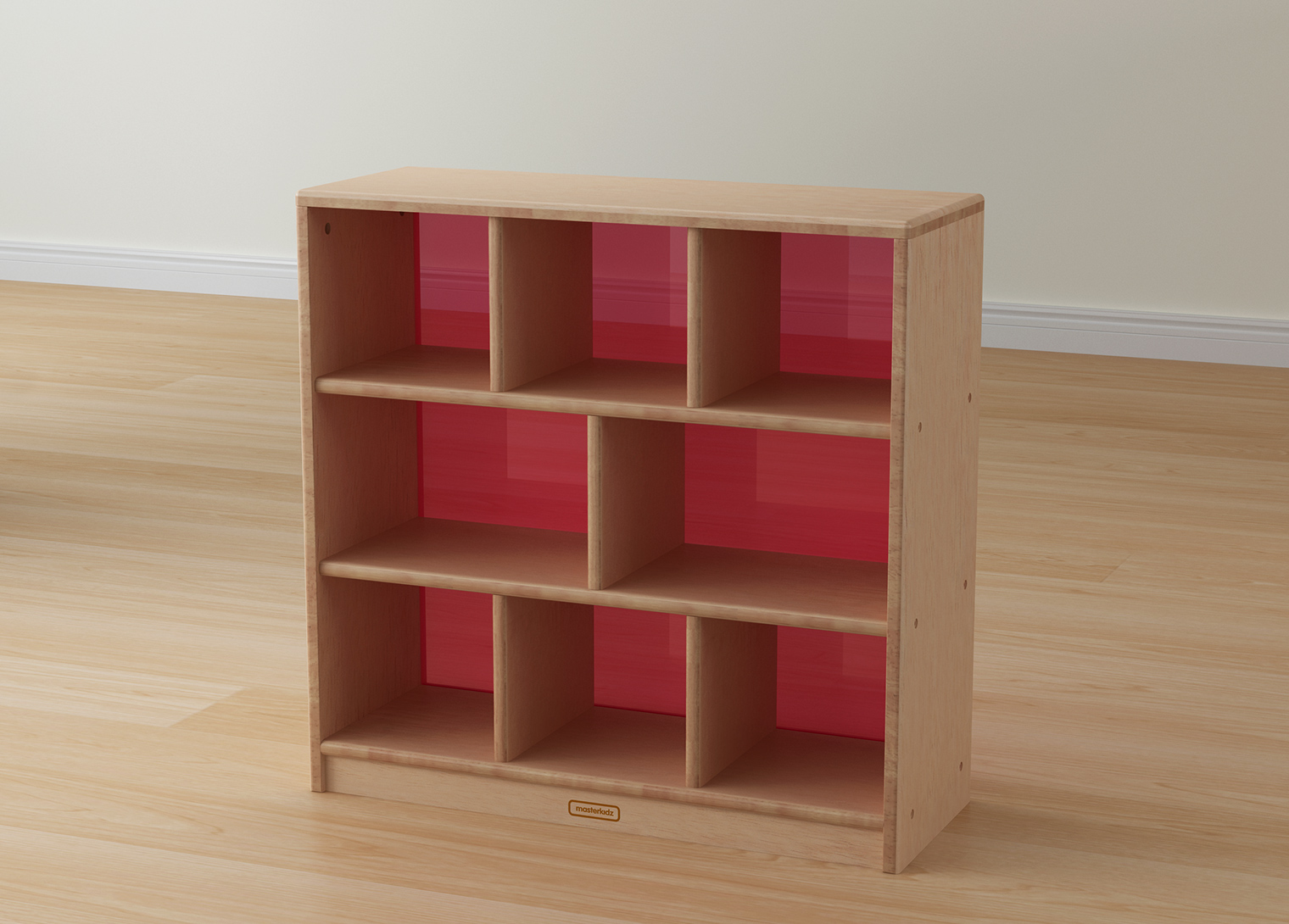 Bern - 789H x 810L Natural Rubber Wood  8-Compartment Shelving Unit - Translucent Red Back