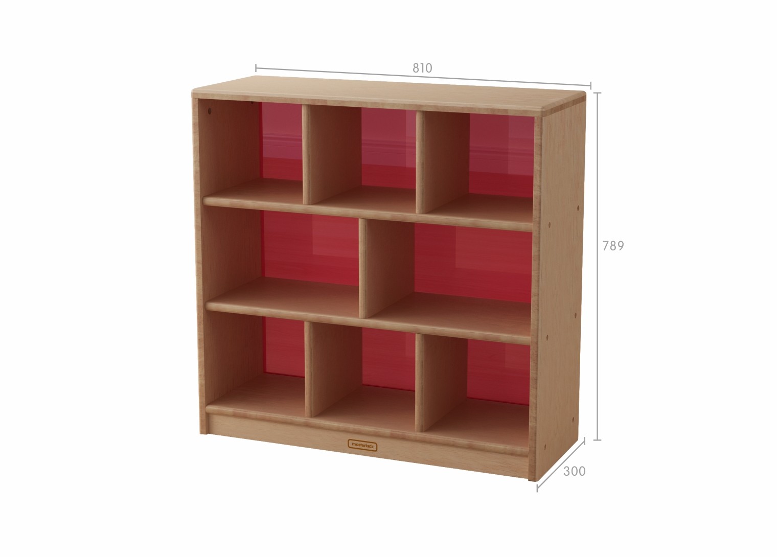 Bern - 789H x 810L Natural Rubber Wood  8-Compartment Shelving Unit - Translucent Red Back