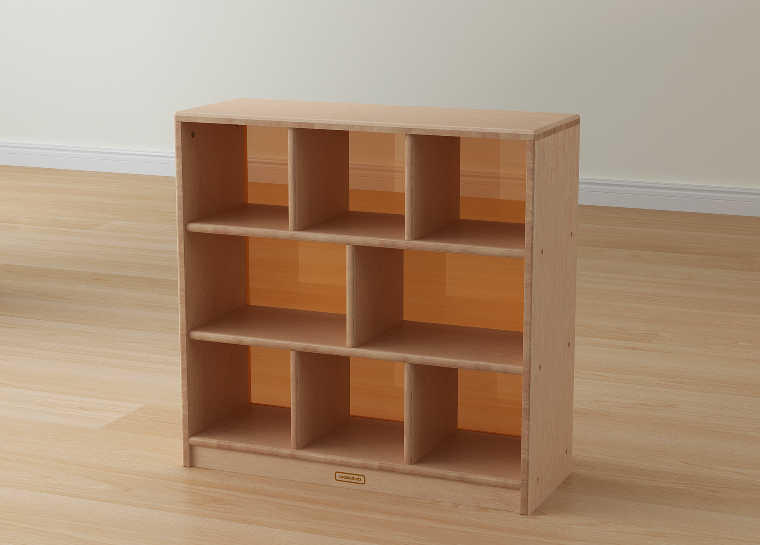 Bern - 789H x 810L Natural Rubber Wood  8-Compartment Shelving Unit - Translucent Orange Back