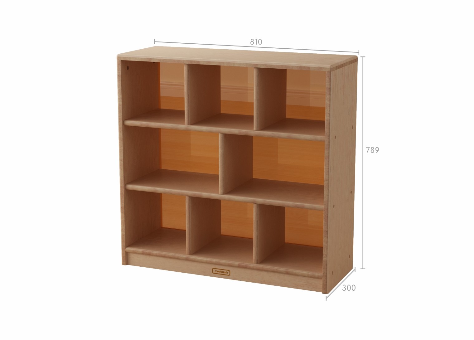 Bern - 789H x 810L Natural Rubber Wood  8-Compartment Shelving Unit - Translucent Orange Back