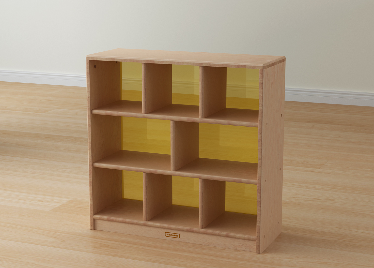 Bern - 789H x 810L Natural Rubber Wood  8-Compartment Shelving Unit - Translucent Yellow Back