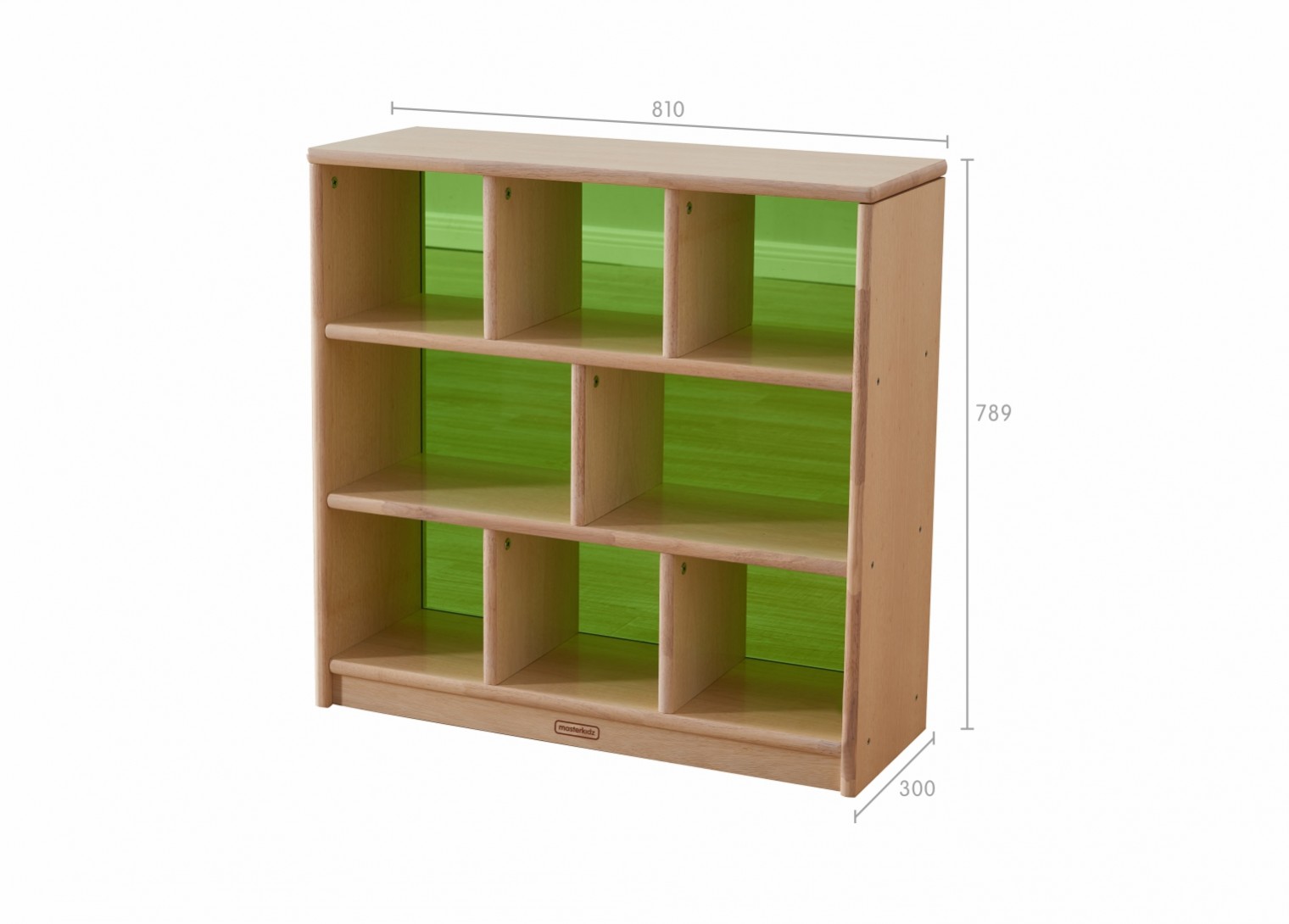 Bern - 789H x 810L Natural Rubber Wood  8-Compartment Shelving Unit - Translucent Green Back