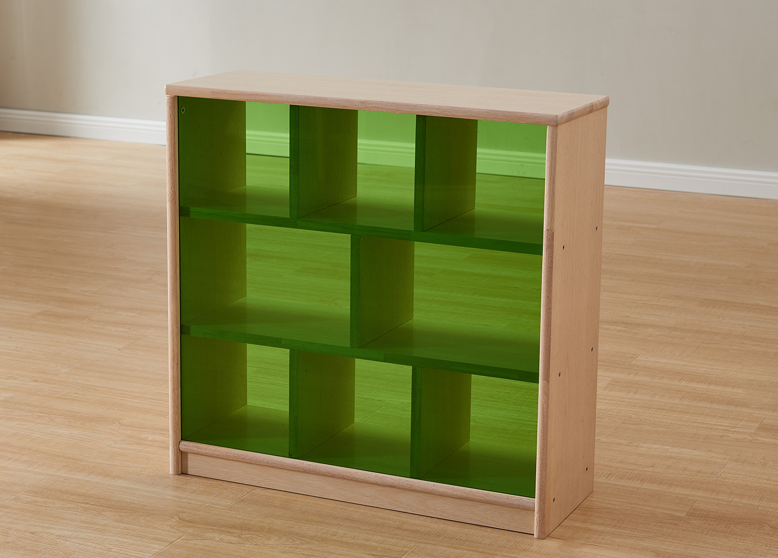 Bern - 789H x 810L Natural Rubber Wood  8-Compartment Shelving Unit - Translucent Green Back