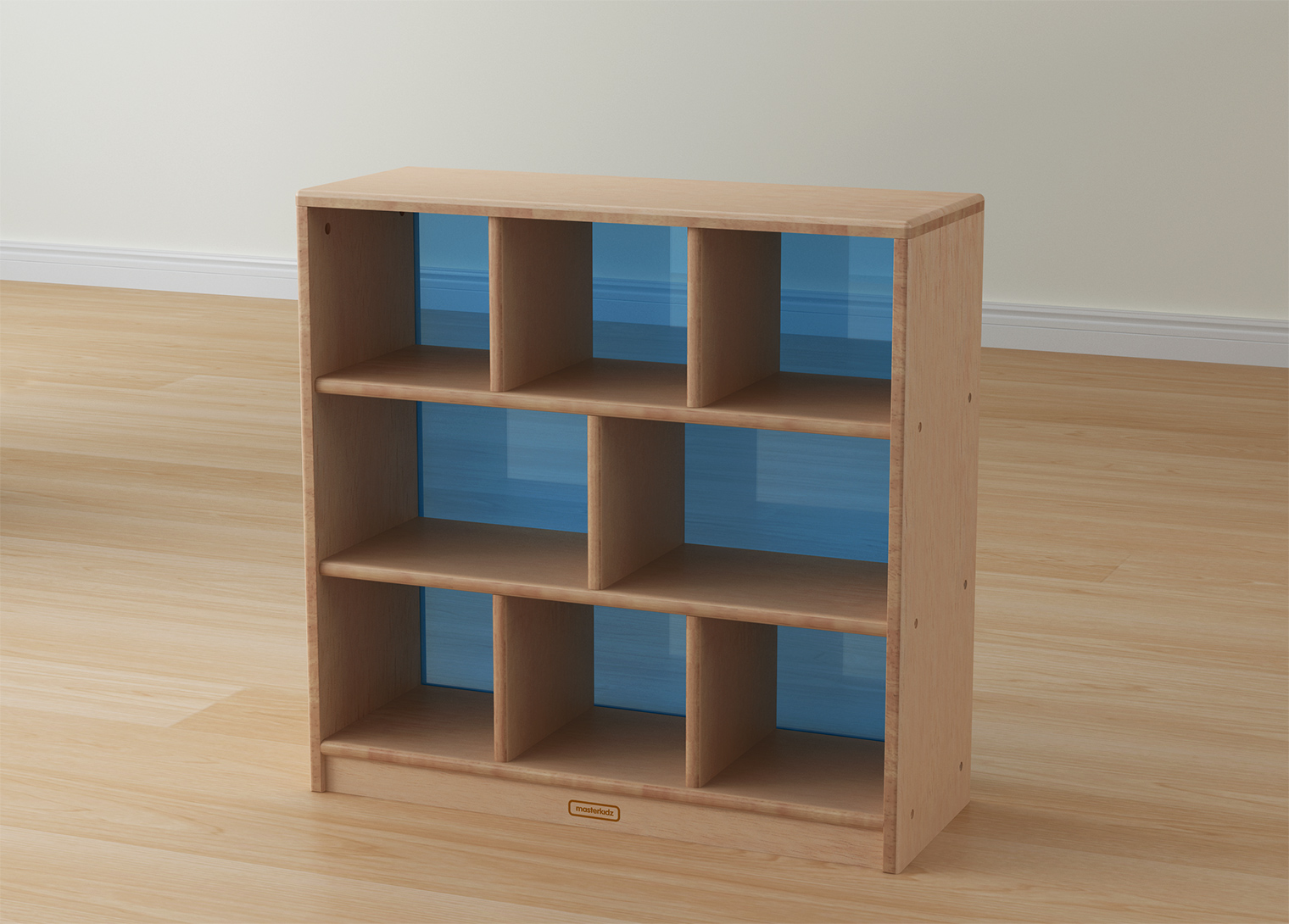 Bern - 789H x 810L Natural Rubber Wood  8-Compartment Shelving Unit - Translucent Blue Back