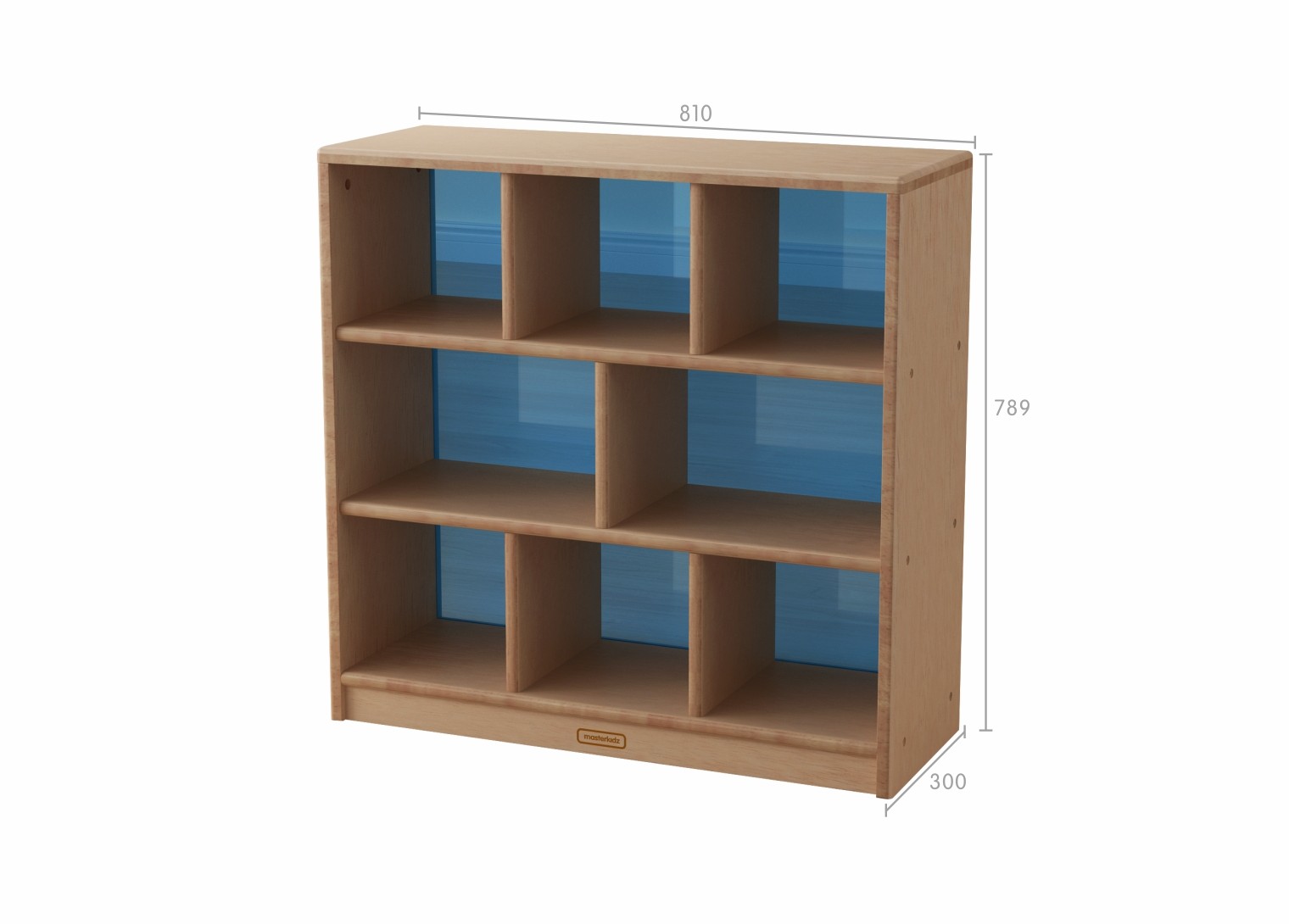 Bern - 789H x 810L Natural Rubber Wood  8-Compartment Shelving Unit - Translucent Blue Back