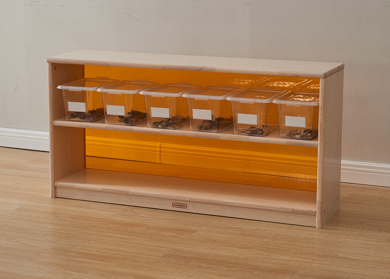 Bern - 609H x 1210L Natural Rubber Wood  Shelving Unit - Translucent Orange Back