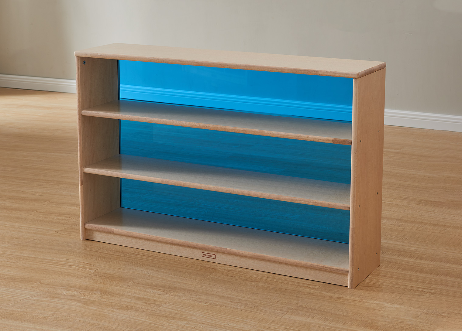 Bern - 789H x 1210L Natural Rubber Wood  Shelving Unit - Translucent Blue Back