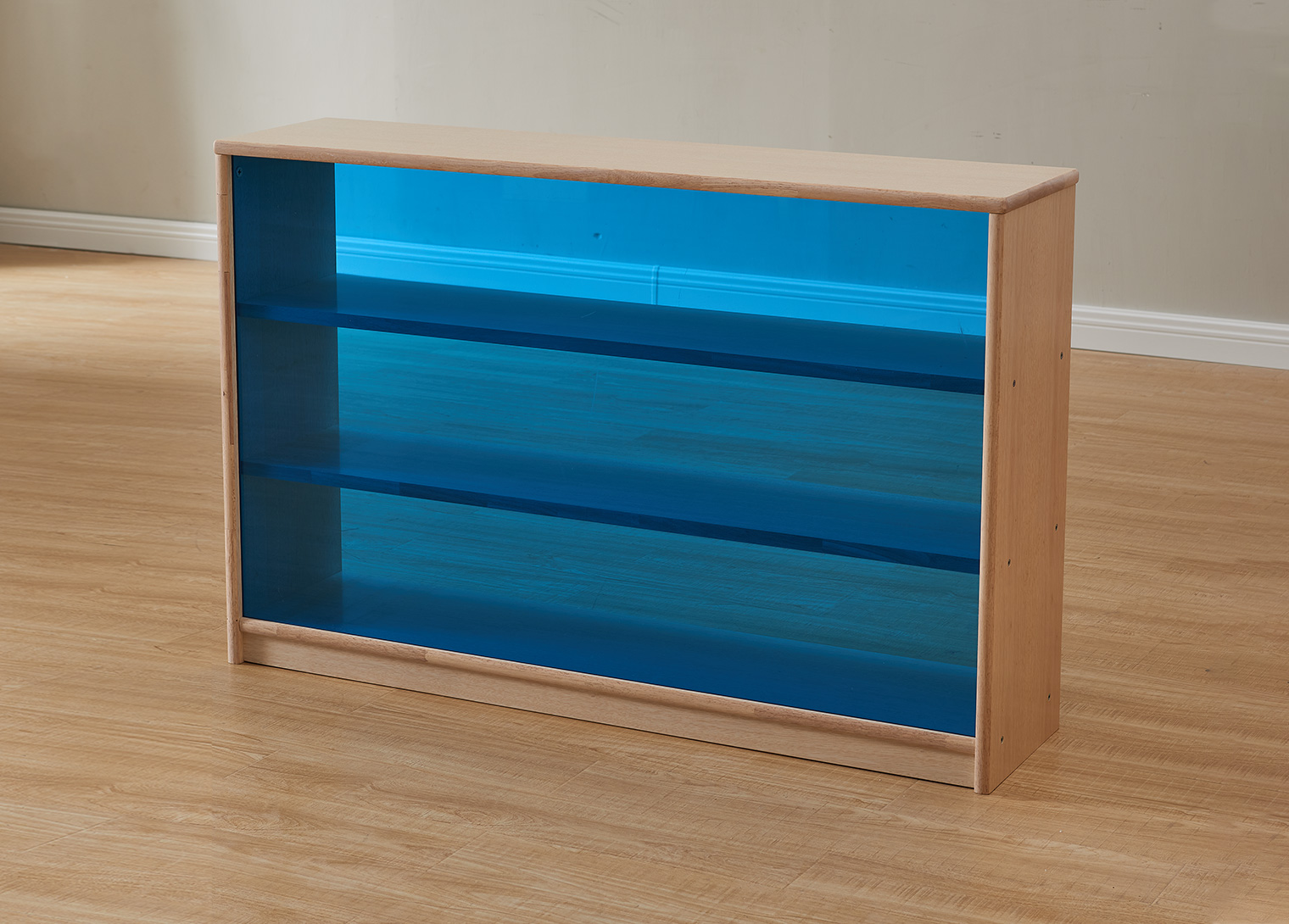 Bern - 789H x 1210L Natural Rubber Wood  Shelving Unit - Translucent Blue Back