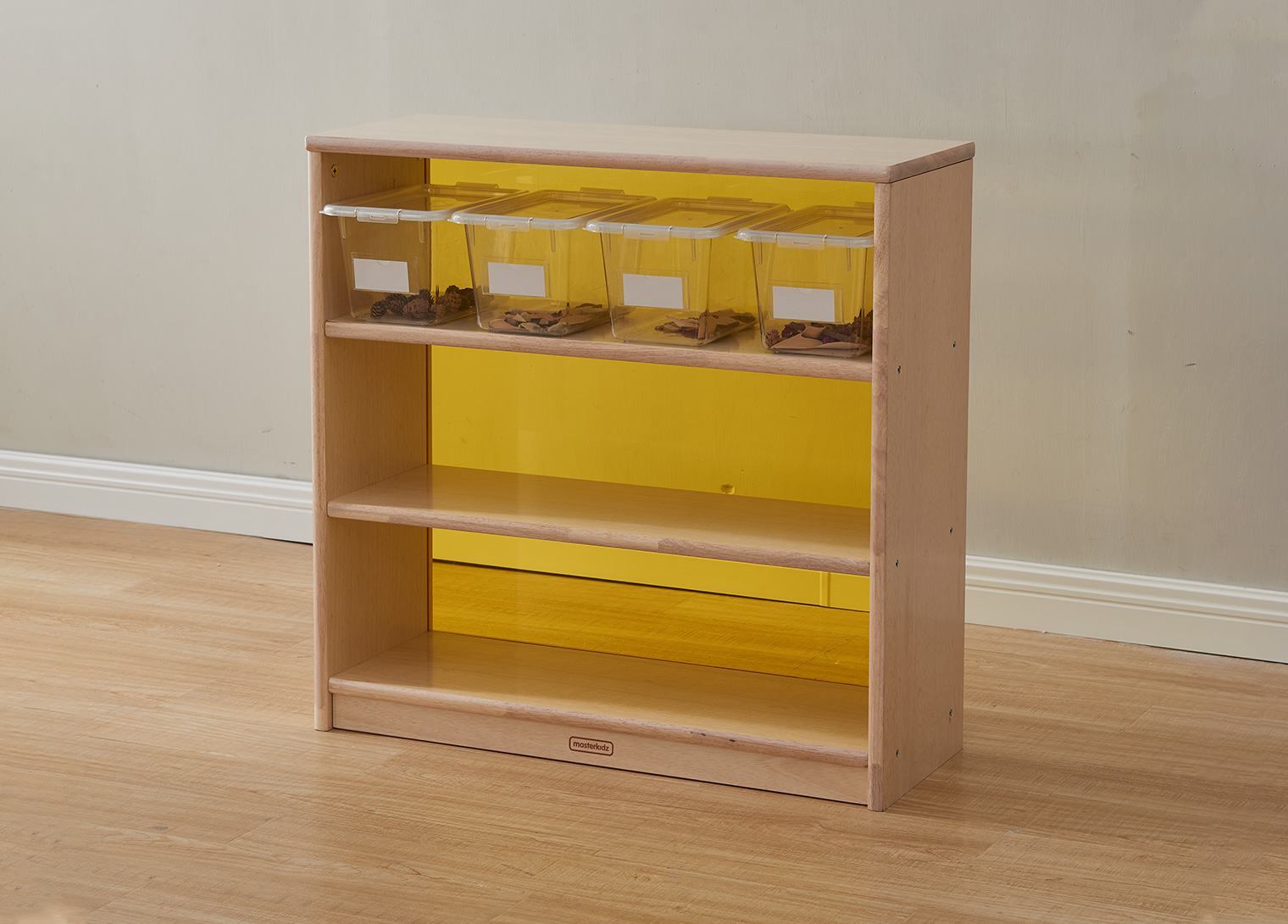 Bern - 789H x 810L Natural Rubber Wood  Shelving Unit - Translucent Yellow Back