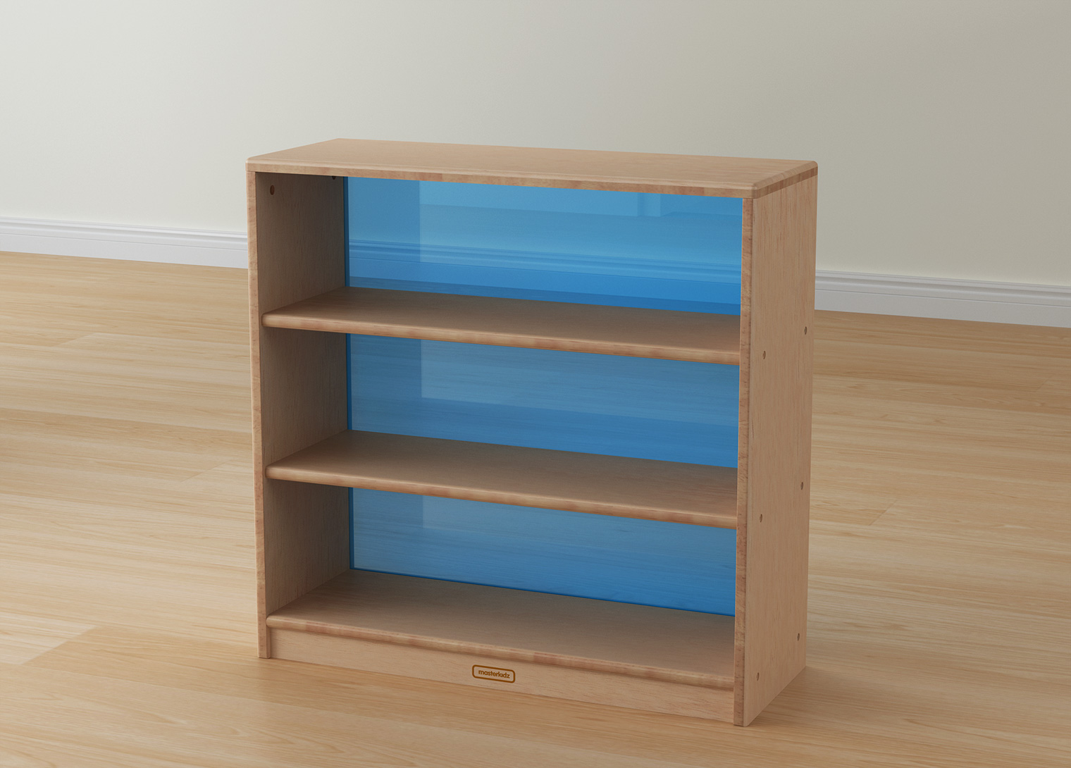 Bern - 789H x 810L Natural Rubber Wood  Shelving Unit - Translucent Blue Back