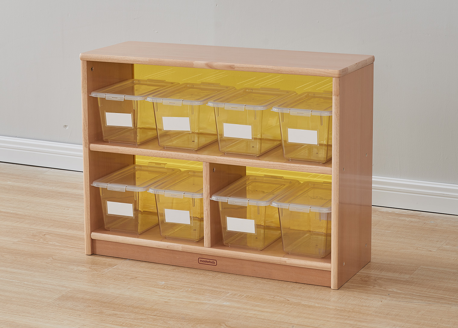 Forest School - 609H x 810L Wooden  3-Compartment Shelving Unit - Translucent Yellow Back