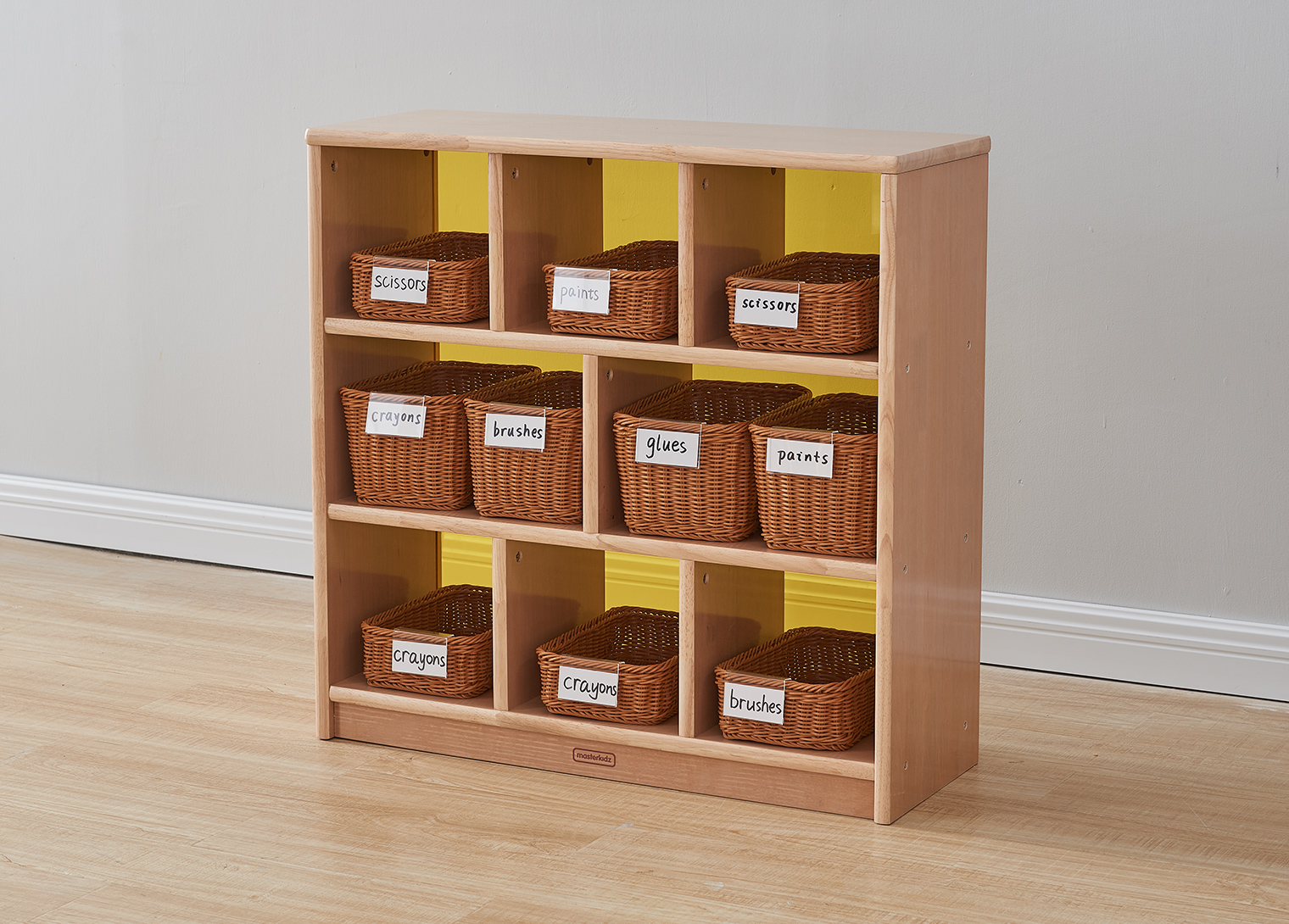 Forest School - 789H x 810L Wooden  8-Compartment Shelving Unit - Translucent Yellow Back